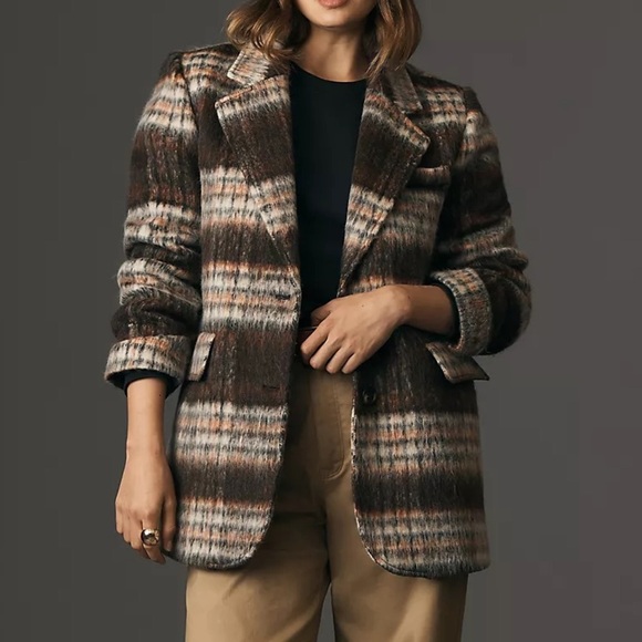 Anthropologie Maeve Brown Brushed Plaid Blazer sz L - Picture 2 of 10